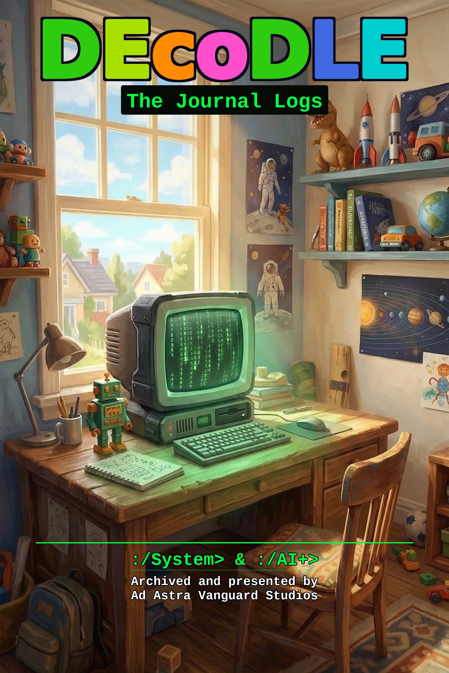 DEcoDLE: The Journal Logs — approved print cover. Illustration of a child's bedroom with a vintage computer running Matrix-style green code, tin robot, space and rocket toys. Archived and presented by Ad Astra Vanguard Studios.