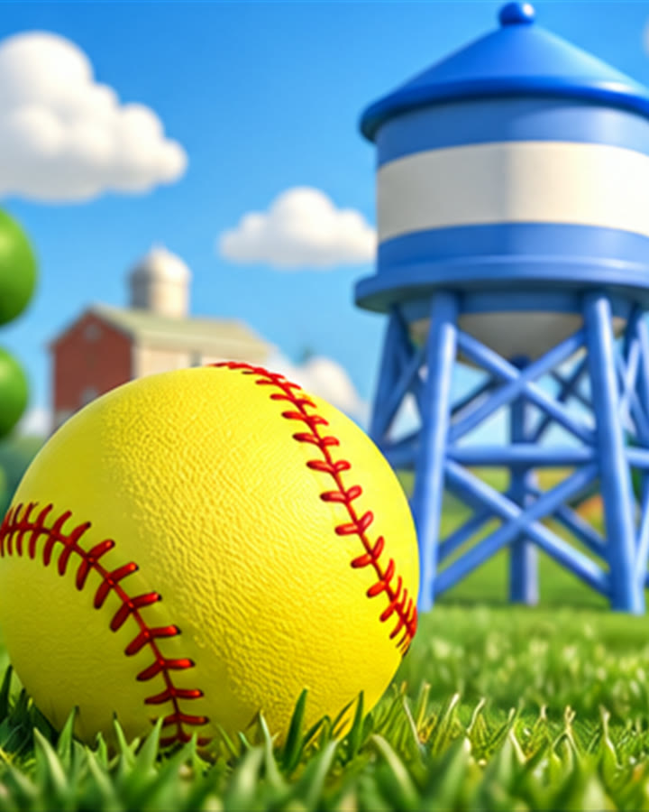 Close-up of a yellow softball resting in the grass.