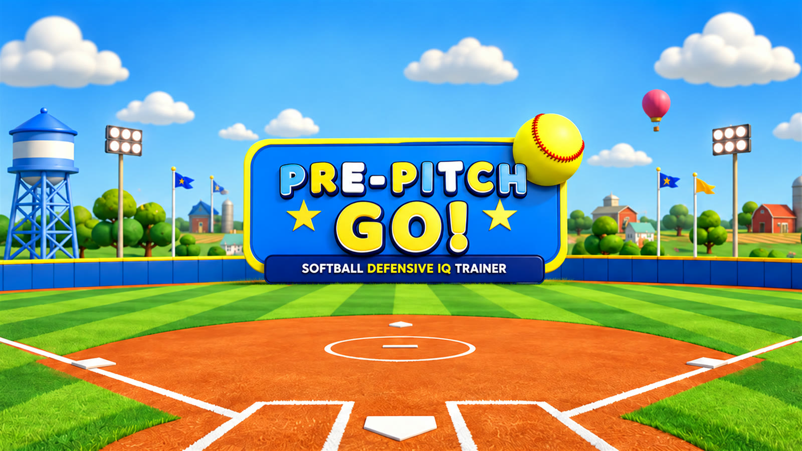 Pre-Pitch GO! title art on a sunny softball field with a water tower and stadium lights.